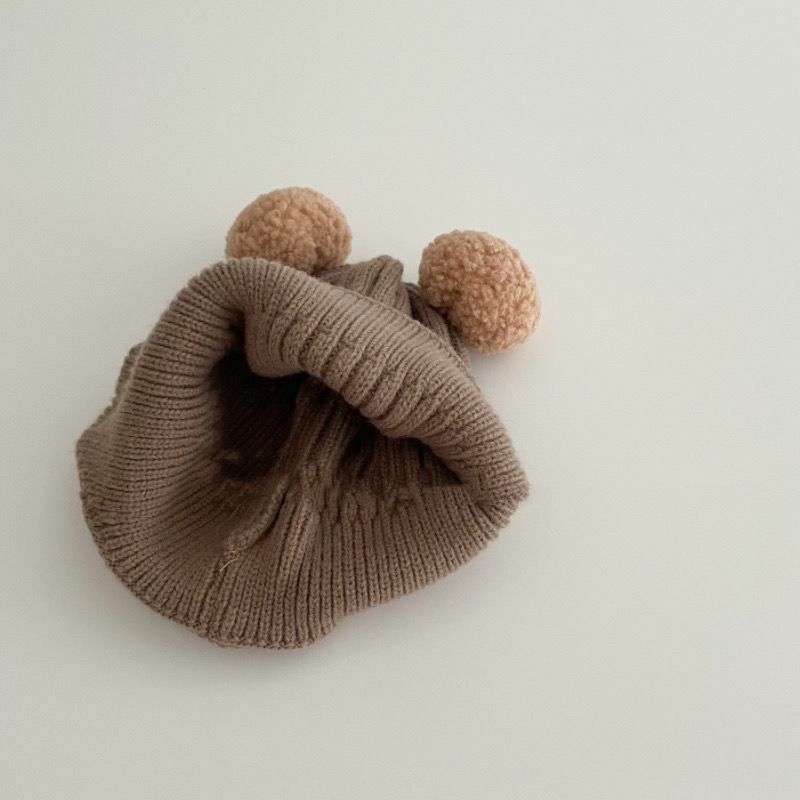 Topi Pom Beruang Bayi, tutup kepala Beanie wol lembut tebal musim gugur musim dingin 2024