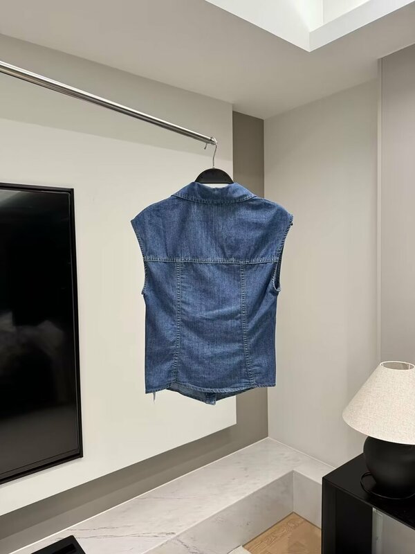 여성용 접이식 카우보이 빈티지 V넥 단추 업 조끼, 세련된 셔츠, 2024 신상 패션