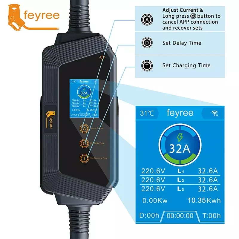 Feiyree-電気自動車用のポータブル充電ステーション、充電ボックス、Wi-Fi、アプリコントロール、evse、タイプ2、22kw、32a、3相