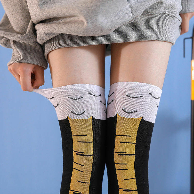 Calcetines altos hasta el muslo con dibujos animados para mujer, medias creativas con forma de pollo, bonitos y divertidos, para invierno y otoño, novedad