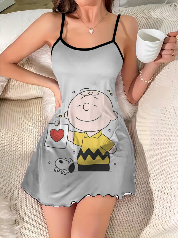 Vestido de pijama con cuello redondo para mujer, de Snoopy minifalda, superficie de satén, ribete de lechuga, elegante, Sexy, a la moda, verano 2024