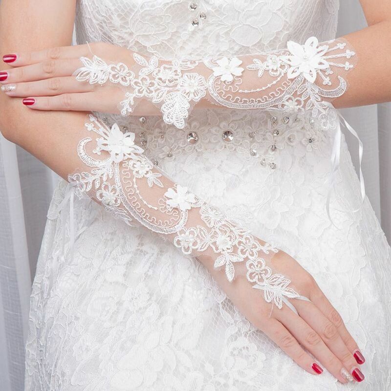 Gants sans doigts en perles pour femmes, mitaines blanches pour patients de mariage, gants à nœud en dentelle