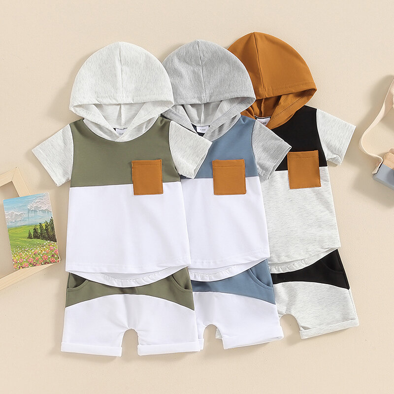 VISgogo Zestawy letnich ubrań dla małych chłopców z krótkim rękawem, bluzkami z kapturem i sznurkiem w kontrastowym kolorze