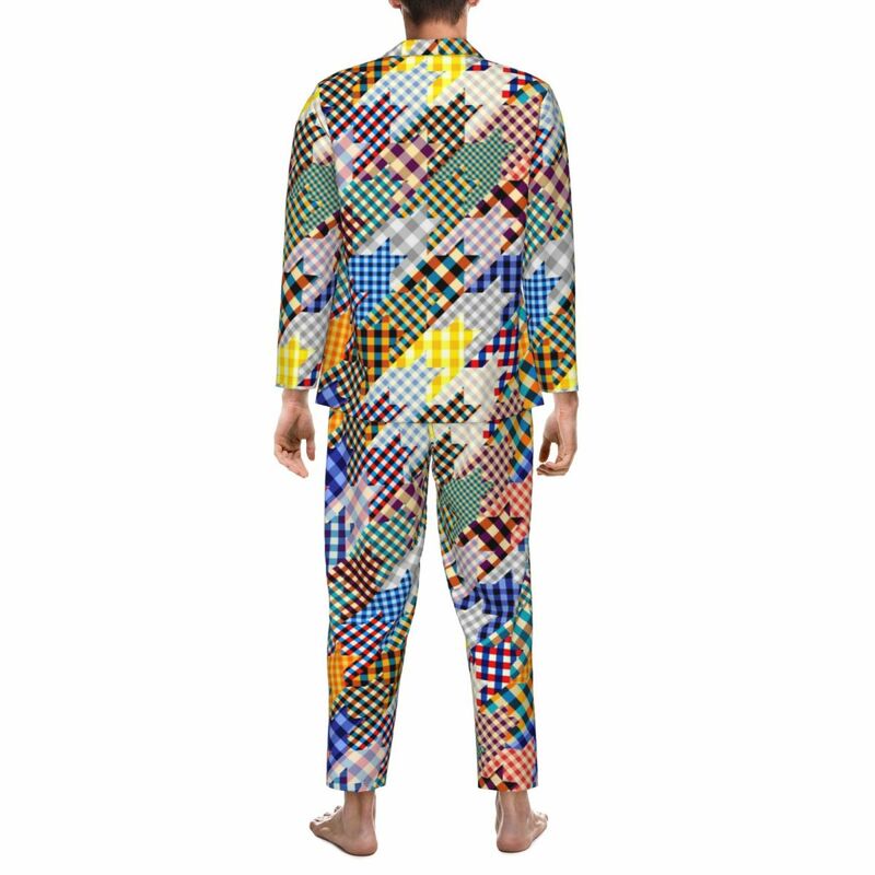 Houndstooth Patchwork Conjuntos de pijama masculino, xadrez estampado, pijamas diários da moda, pijamas superdimensionados casuais, design para presentes, primavera, 2 peças