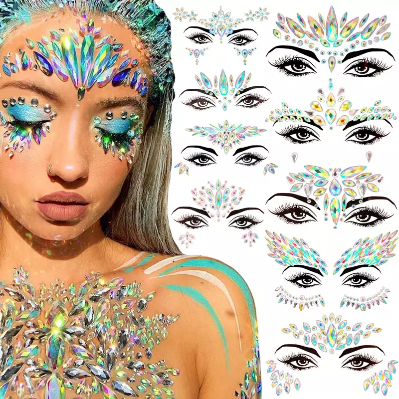 3D Sexy Face Tattoo Stickers Temporary Tattoos Glitter Fake Tattoo Rhinestones Masquerade for Women Party Face Jewels Tattoo