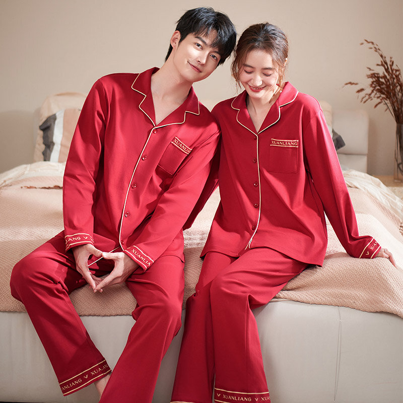 Herfst Paar Pyjama Set Volledig Katoenen Losse Pyjama Dames Heren Lange Mouw Homewear Liefhebbers Nachthemden Bruiloft Rode Pyjama Set