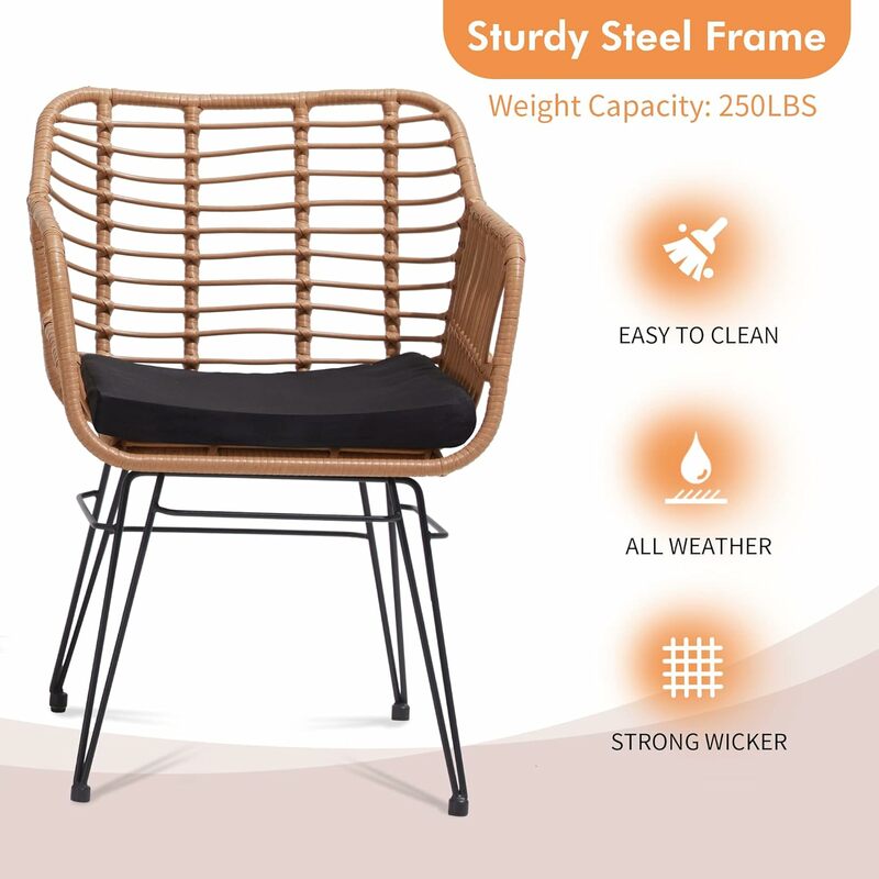 3 Stück Wicker Patio Bistro Möbel Set, enthält 2 Stühle und Glasplatte Tisch, ideal für Veranda, Outdoor, Garten, Wohnung