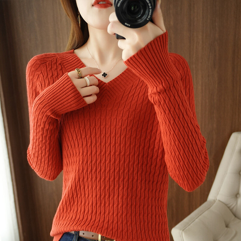 Sweater Rajutan Wanita Longgar Versi Korea All-Match Pullover V-Neck Twist Tipis Musim Semi Musim Gugur Fashion Baru Hangat Shir