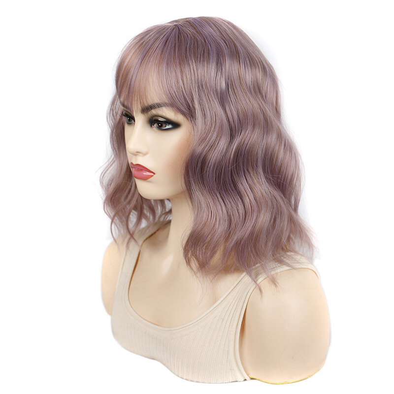 Short Water Ripple Wavy Daily Wigs with Fluffy Bangs Medium Lolita Natural Bob Synthetic Wig for Women Lolita Wig