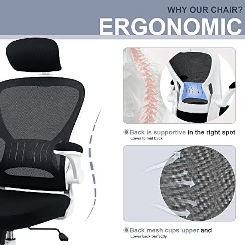 바퀴 달린 인체 공학적 책상 의자, 편안한 높이 조절 가능, 사무실 의자, 요추 지지대 메쉬, 블랙/화이트 옵션