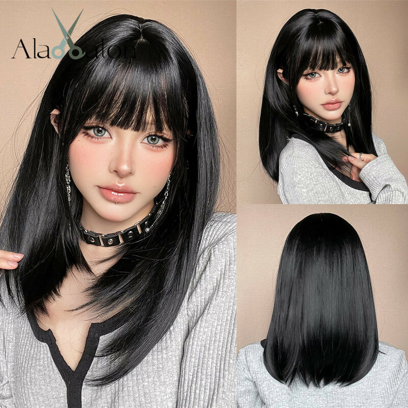 ALAN EATON Wig sintetis lurus hitam dengan poni, Wig hitam Natural panjang Medium untuk anak perempuan Asia sehari-hari tahan panas