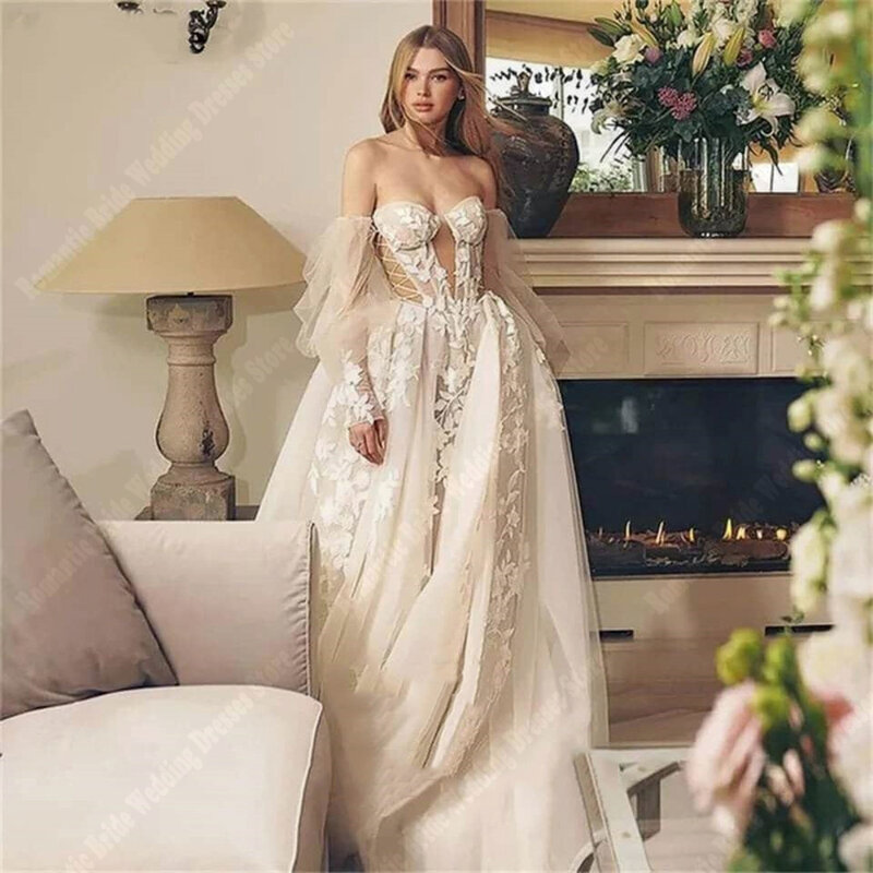 Romantic Flower Print Wedding Dresses Newest Sweetheart Collar Gowns Fluffy Hems Mopping Length Bright Tulle A Line Women Robes