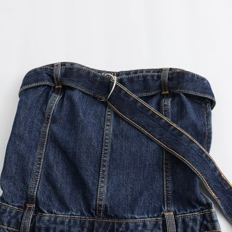 Женский новый модный уличный джинсовый комбинезон с открытыми плечами и широкими штанинами