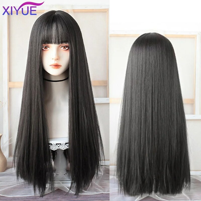 XIYUE długie proste czarna peruka z Bang peruki syntetyczne dla kobiet odporne na ciepło naturalne włosy na codzienne Halloween na imprezę Cosplay