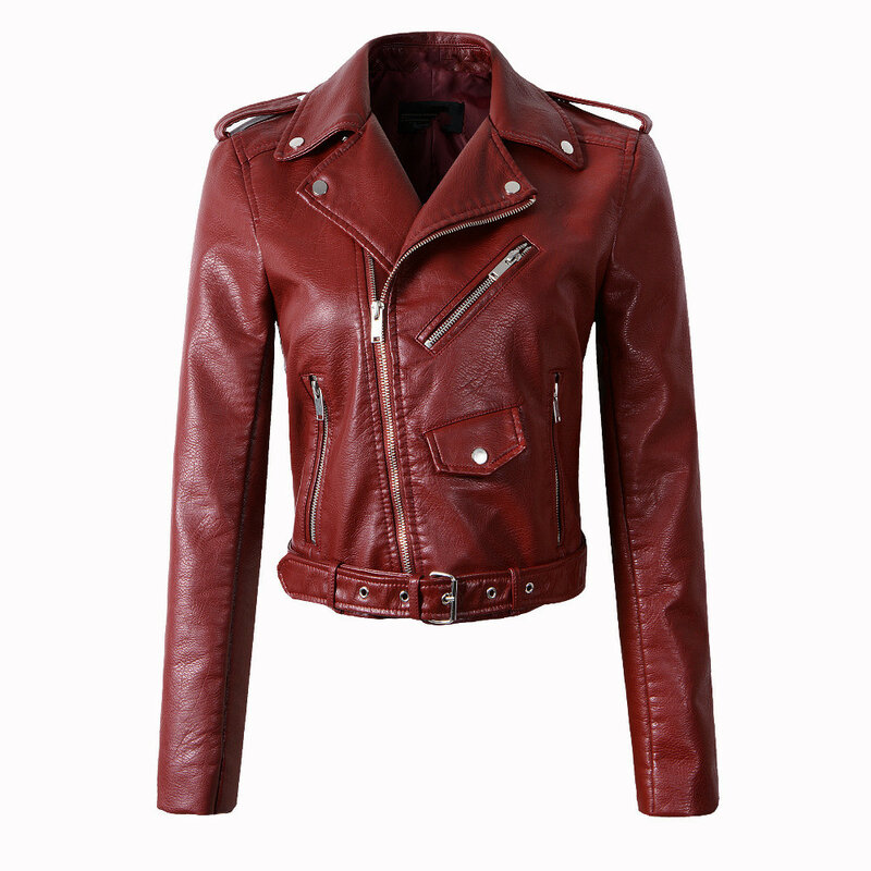 Jaket kulit PU wanita, mantel pendek serbaguna, ritsleting sepeda motor, kualitas tinggi, musim gugur