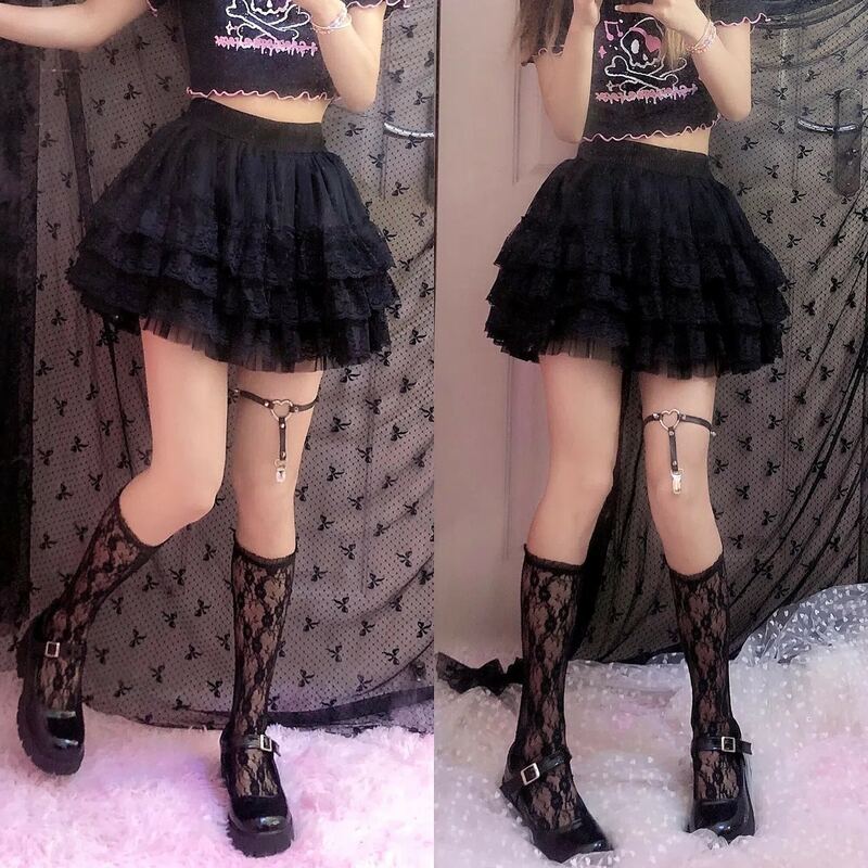 Falda de tutú de encaje gótico elástico para mujer, con detalle de malla negra enagua, minifaldas de tul Sexy, ropa de fiesta y Club, bailarina
