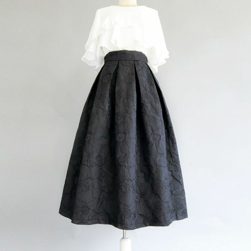 Jupe trapèze florale brodée taille haute pour femmes, jupe longue, demi-corps, noir, vintage, mode féminine, automne, nouveau, Q520