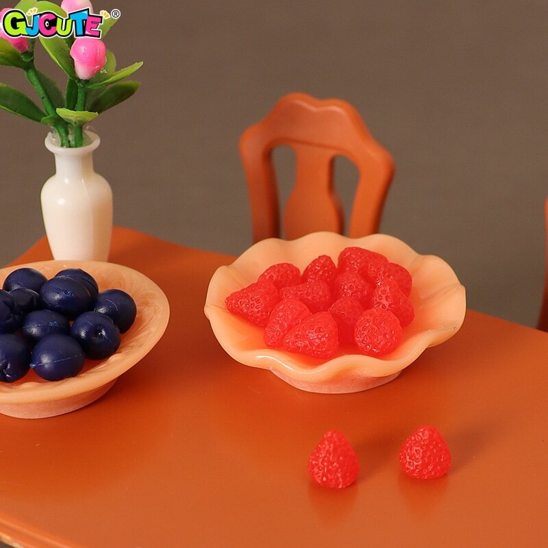 1 Satz antike Puppenhaus Miniatur Obst teller Blaubeere Erdbeer Kirsche Obst Gericht Küche Modell Dekor Spielzeug Puppenhaus Zubehör