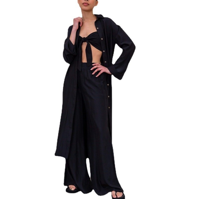 Camisa extra longa de peito único e calças largas para mulheres, trajes de suor combinando, cintura alta, conjunto de 2 peças, 2023