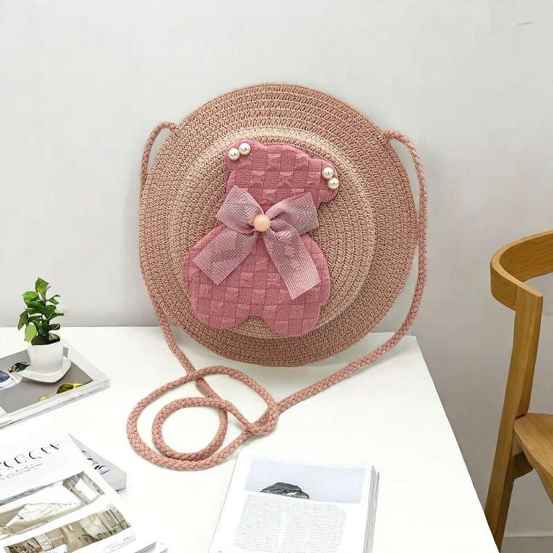 Children's Pink Bear Fisherman Hat + Adhesive Crossbody Bag Set Handmade Knitted Goods Fashion Matching Goods For Baby