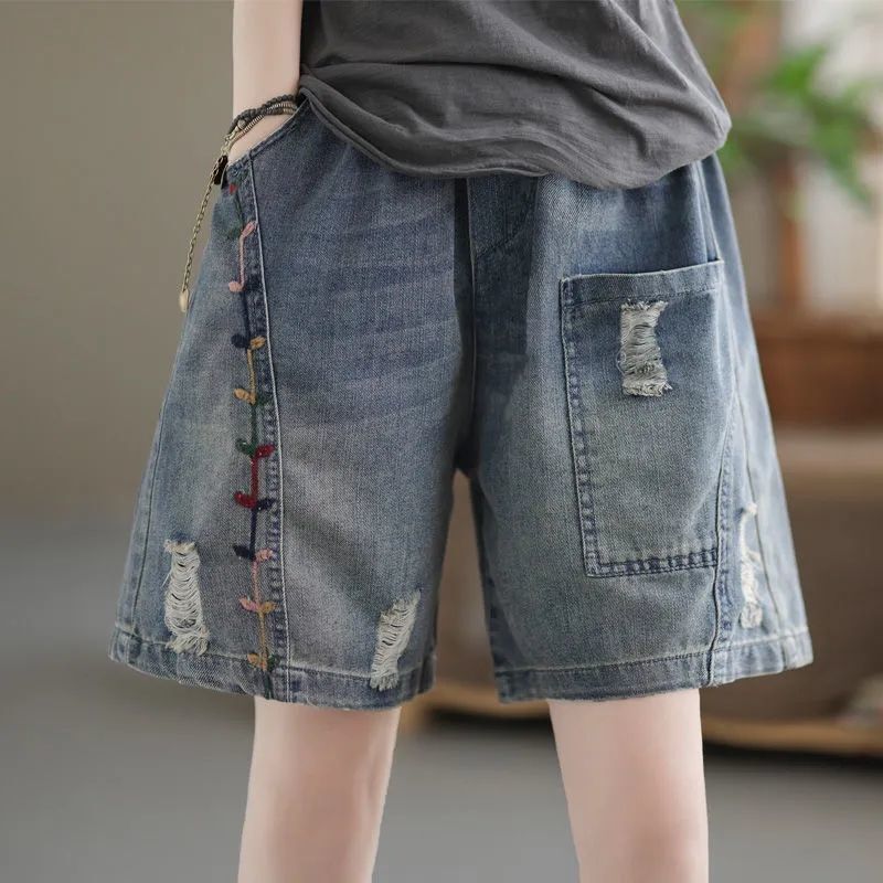 Calção jeans bordado de cintura alta feminina, roupa feminina de verão, bolsos casuais, emendados, calças largas, moda coreana