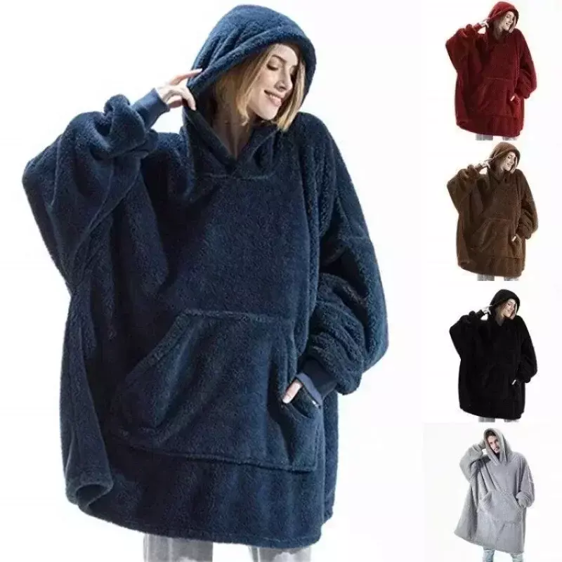 Winter Hoodies Warm Comfort Flanellen Deken Met Mouwen Oversized Dames Truien Dikke Fleece Gigantische Tv Deken Huiskleding