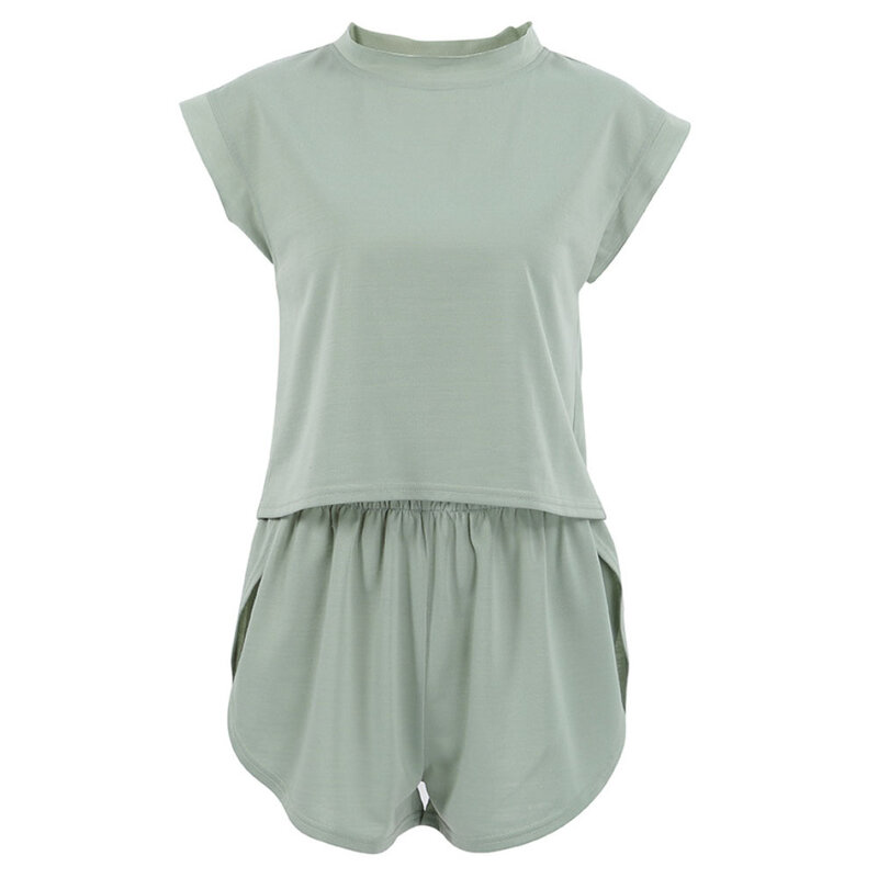 2024 Sommer Pyjama im europäischen Stil für Frauen ärmellose Strick oberteile Shorts 2 Stück Nachtwäsche setzt einfache reine Farbe dünnes Nachthemd