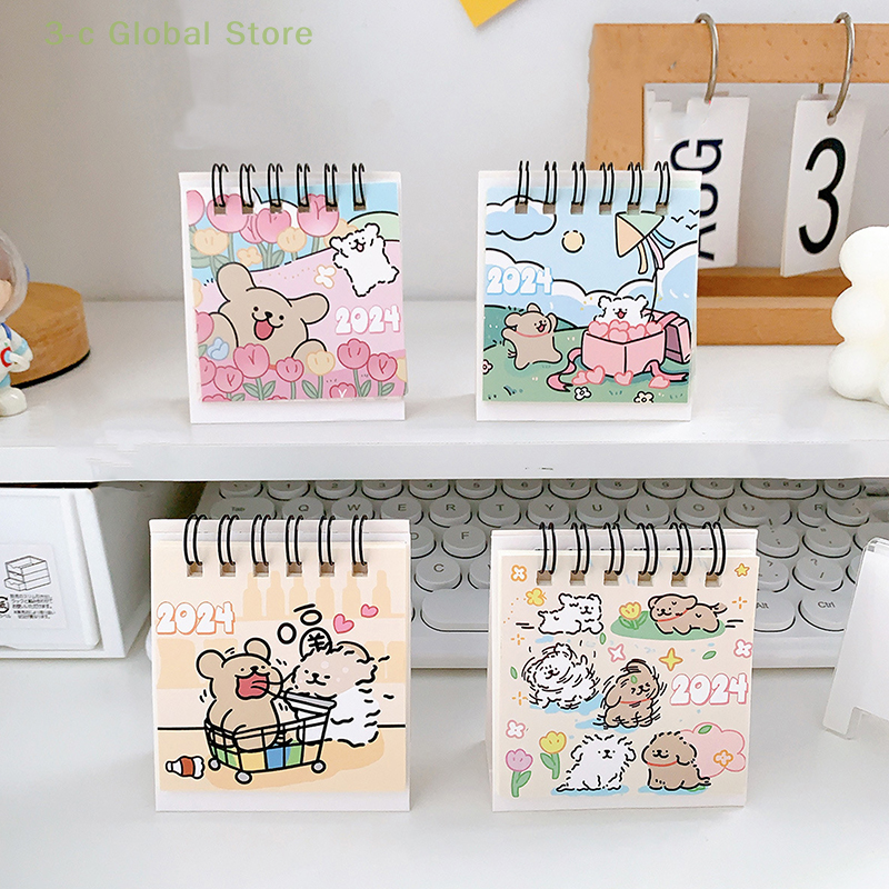 Kalender Mini 2024 anak anjing lucu seri kartun kalender meja kecil portabel kalender Desktop Kawaii perlengkapan siswa kantor