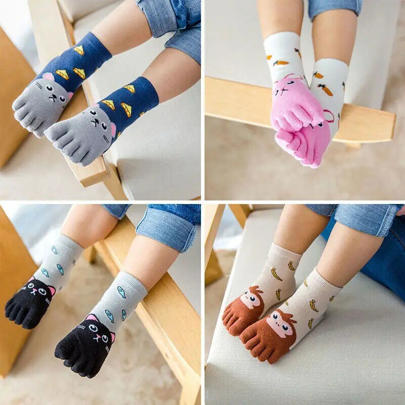 Kaus kaki 1 pasang, kaus kaki katun lima jari kartun hewan untuk bayi balita anak laki-laki dan perempuan musim dingin