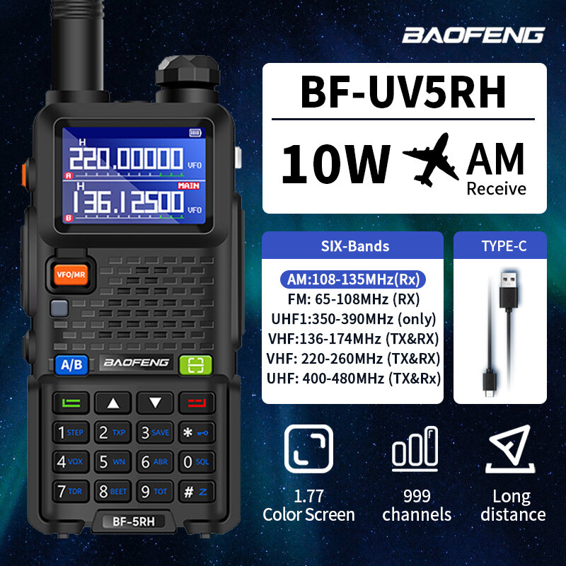 Baofeng-walkie-talkie multibanda UV-5RH, Radio portátil bidireccional, frecuencia de copia Vox, cargador tipo C de largo alcance para exteriores, 10W