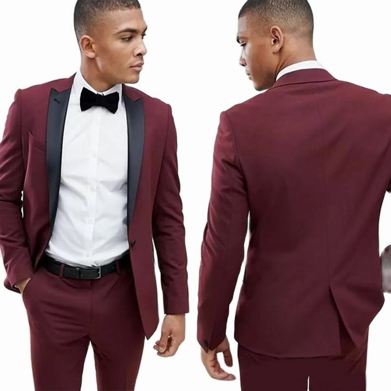 Nieuwste Wedding Suits Voor Mannen Black Satin Revers Bruidsjonkers Smoking Voor Bruiloft Slim Fit Set Prom Party Pak 2 Stuk (Blazer + Broek)