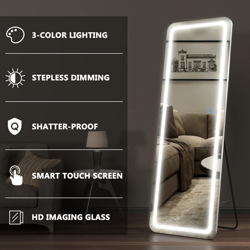 Full Length Mirror with Lights and Stand-Wall Mounted and Floor Mirror, LED Lighted Full Body Dressing Mirror,Dimming & 3 Color
