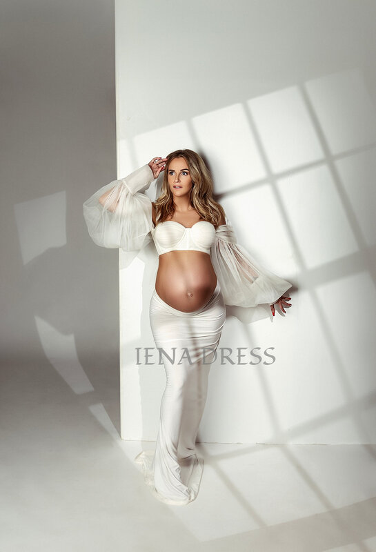 Ivory White Sexy Maternity Tops Dress for Photoshoot Off-shoulder Top with Puff Sleeves Pregnancy Photography Gown#18728