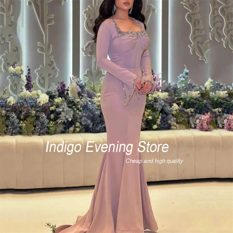 Indaco Prom Dresses 2024 Mermaid Square Collar manica lunga che borda abiti da sera eleganti in raso per le donne Sweep Train muslimypalo sera sera