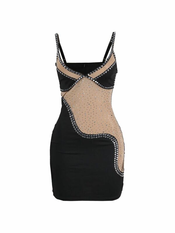 LW SXY gaun Bodycon tembus pandang berlian imitasi gaun ketat tali Spaghetti Mini blok warna pakaian pesta wanita Chic