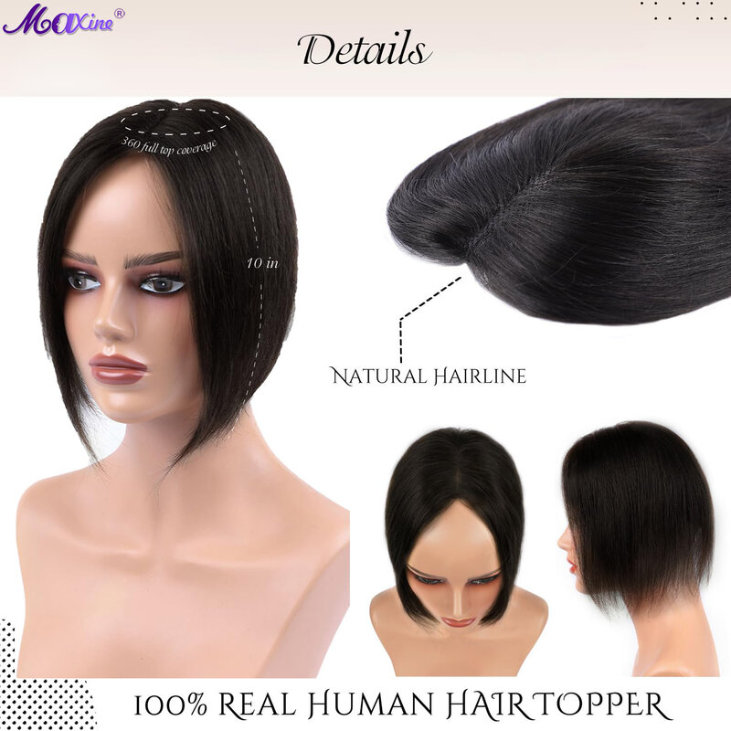 Toppers de cabello humano 100% Remy para mujer, cabello humano Real para cabello fino, parte media, Base suiza, tamaño recto