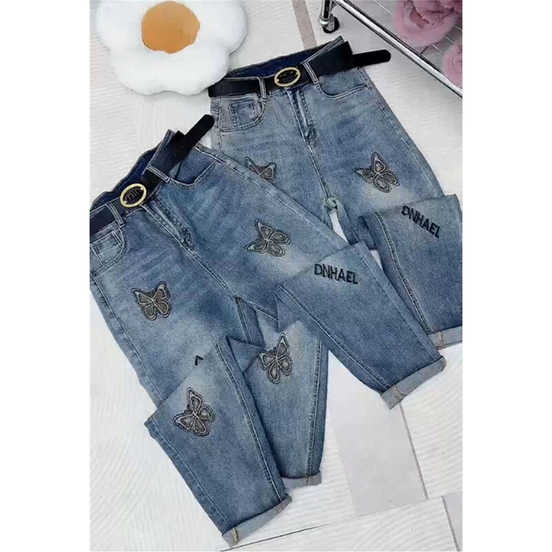 Весенне-летние новые джинсы, женские тяжелые Промышленные горячекатаные бриллиантовые бабочки с вышивкой, буквы, с высокой талией, 9-точечные джинсовые брюки