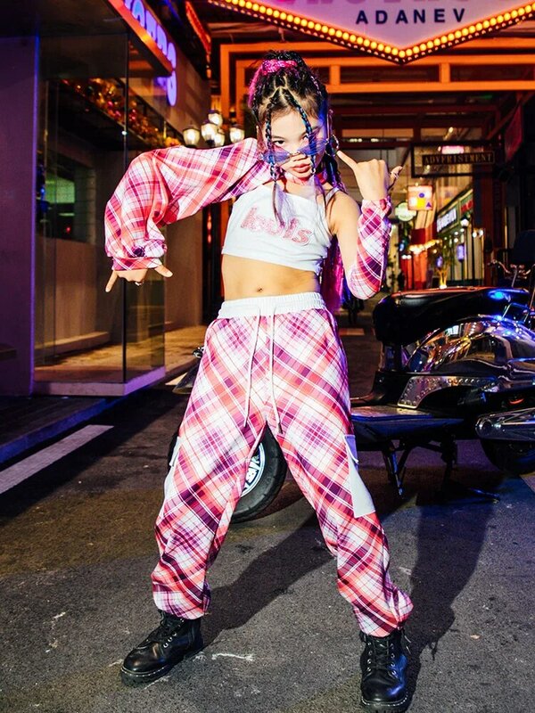 Kpop Outfit Hip Hop Dancewear Pink Plaid Street Dance Performance Clothes Jazz Single Sleeve Tops Loose Pants Outfit YS4288