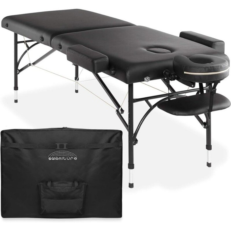 Portable Lightweight Bi-Fold Massage Table with Aluminum Legs - Includes Headrest, Face Cradle, Armrests and Carrying Case