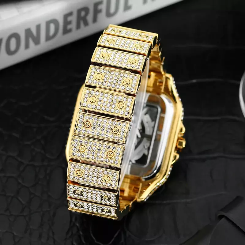 Relogio Masculino AAA Bling diamentowa wydrążona tarcza Hip-Hop mrożona kwarcowy zegarek dla człowieka wodoodporne zegarki męskie Dropshipping