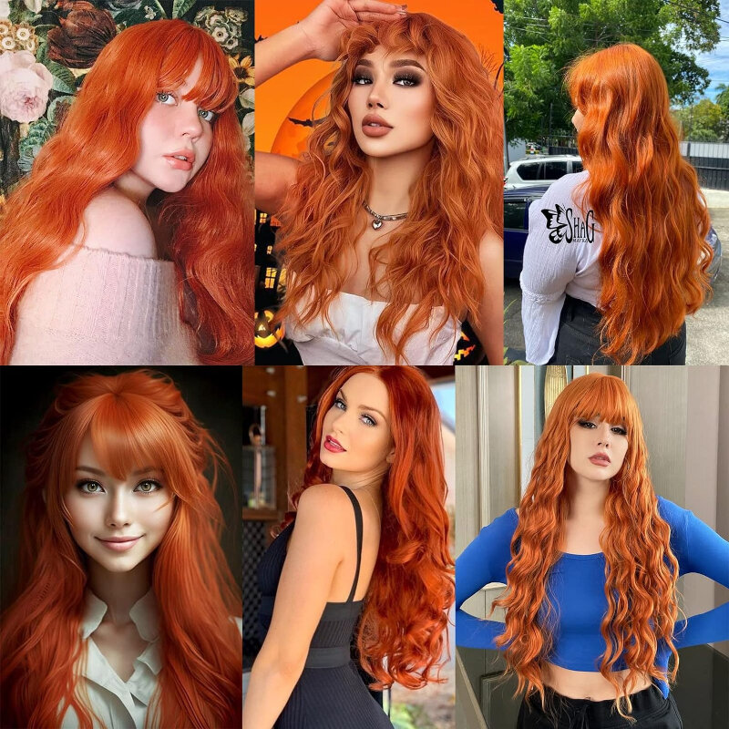 Wig keriting panjang oranye kotor wanita, dengan poni, ekstensi rambut halus untuk penggunaan sehari-hari