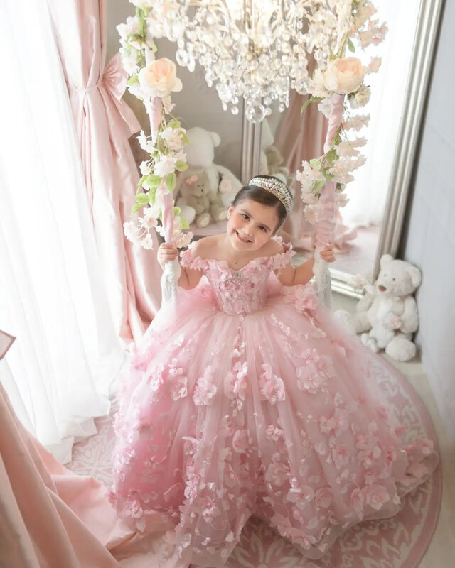 Платье для девочки с цветочным рисунком, свадебное розовое платье с 3d аппликацией, с открытыми плечами, с бисером, с перламутровым рисунком, для детей, для первого эухаристического дня рождения