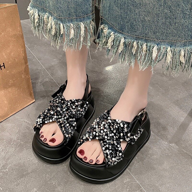 Women High Platform Bling Sandals New Summer 7CM High Heels Wedges Beach Shoes Walking Chunky Slippers Leather Sandalias Mujer