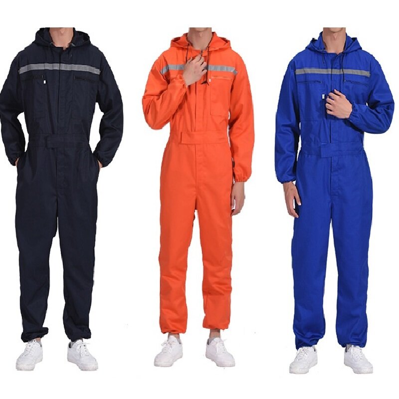 Work Overalls Hooded Worker Coveralls Long Sleeves Reflective Safety Porter Jumpsuit Auto Repairmen Dust Proof Working Uniforms