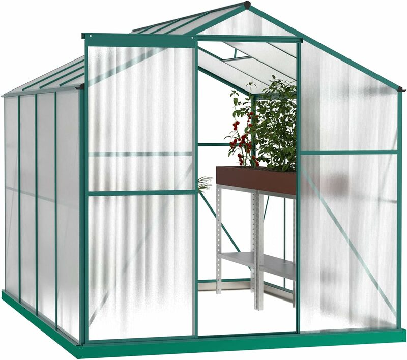 6x8 kaki polikarbonat berjalan di rumah kaca, meningkatkan rumah hijau dengan pintu geser dan atap yang dapat disesuaikan, stabilitas & Drainase yang ditingkatkan