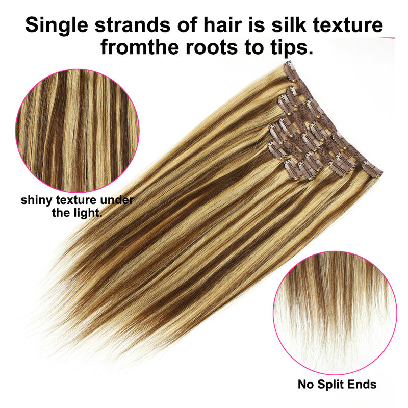 Clipe em extensões de cabelo humano, Brazilian Stret, Remy Hair, cabeça cheia, 100% cabelo humano, 14-28 em, P4 27 #, 7 unidades/pacote