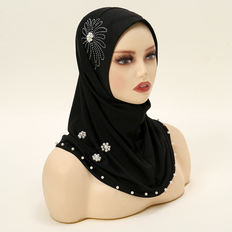 Черный внутренний шарф с бусинами, шапка-труба, женский модный мусульманский эластичный хиджаб, пуловер, базовые шапки