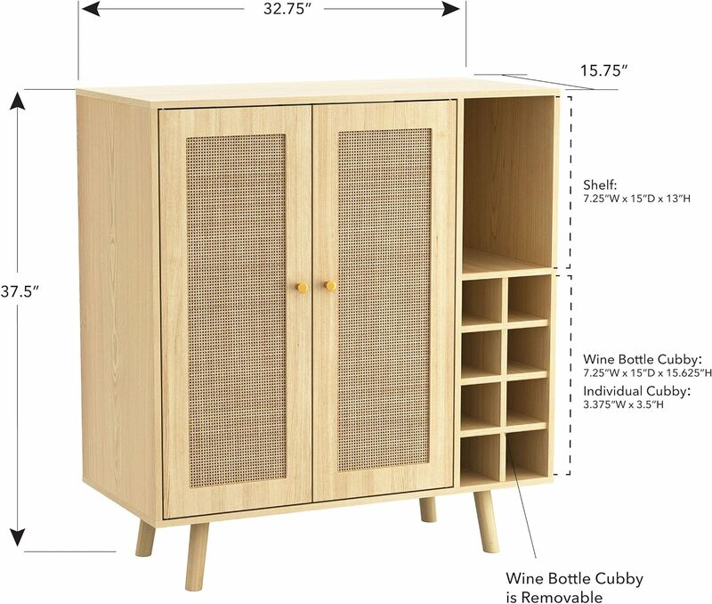 Mid-Century Natural Rattan Panels Bar Cabinet with Storage, Dining Room Kitchen Cabinet Open Storage Shelves for Living Room