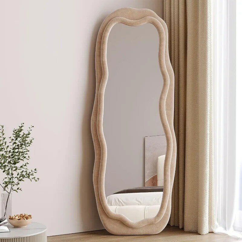 Cermin panjang penuh, 63 "x 24" cermin lantai, flanel dibungkus bingkai kayu cermin dinding, cermin bergelombang tidak teratur