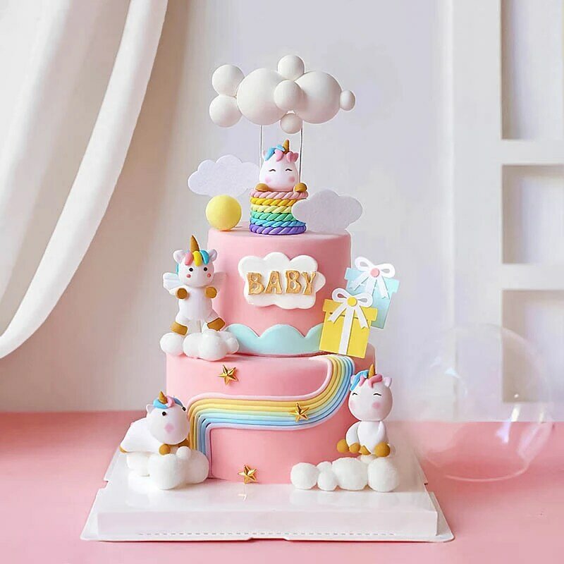 Adorno de pastel de feliz cumpleaños para niña, globo de unicornio arcoíris, Decoración de Pastel de fiesta para niño, decoración de postre, regalos encantadores